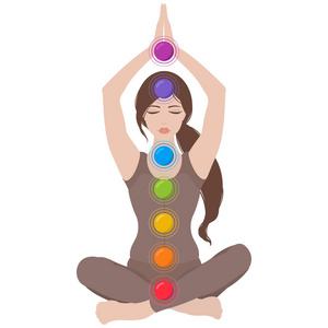 一个闭着眼睛的女人的插图和手在瑜伽莲花姿势与彩色脉轮在白色背景下沉思