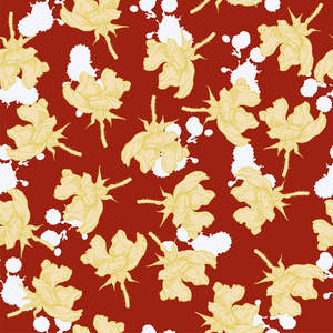 无缝图案与黄色野生玫瑰和树叶和白色的背景在暗红色底色。手绘矢量图