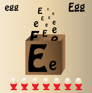 鸡蛋和英文字母e 矢量插图