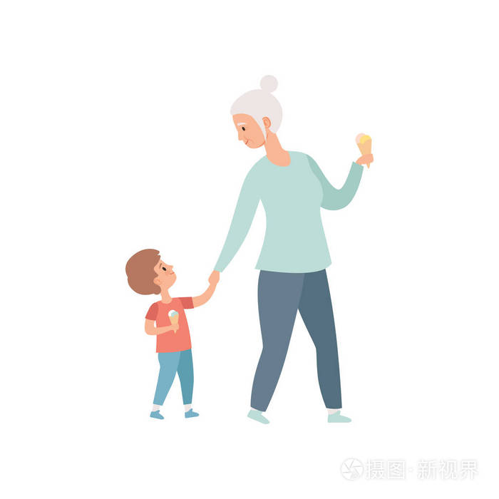 祖母与她的小孙子散步, 祖父花时间玩孙子矢量插图白色背景
