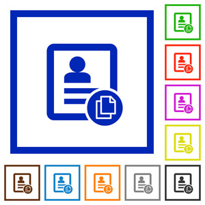 在白色背景下, 在方形框架中复制联系人平面颜色图标