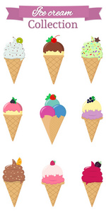 设置九不同的甜冰淇淋在白色背景和粉红色丝带与文本