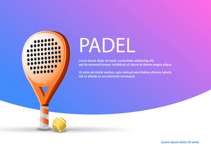 海报 raquet padel 网球 在蓝色和紫色背景下球拍和桨球的矢量插图。示例文本