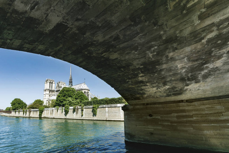 夏季从法国巴黎的阿切切河桥下前往巴黎圣母院的旅游游船之旅