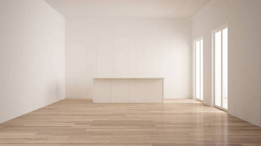 简约, 现代空房间与白色隐藏厨房与海岛, 镶木地板, 白色和木质室内设计