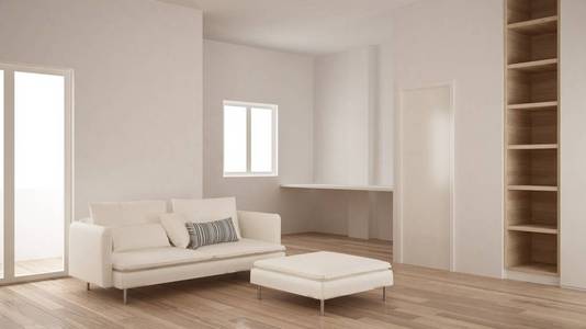 简约, 现代客厅与空的书架, 实木复合地板, 白色和木质室内设计