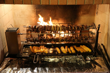 在一个节日的壁炉里, 用口水煮的鸟和玉米粥