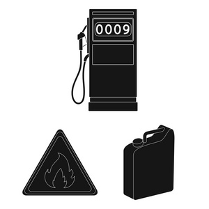 石油工业的黑色图标集合中的设计。设备与采油媒介符号股票网站插图