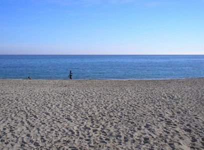 面目全非的妇女与狗在海边散步