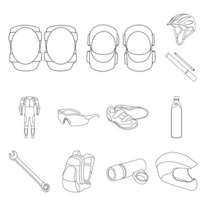 自行车装备轮廓图标集集合中的设计。自行车和工具矢量符号库存 web 插图