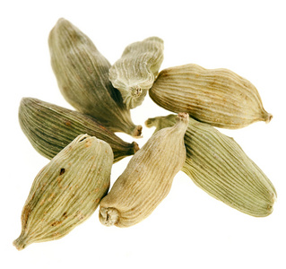 在白色背景上孤立的豆蔻香料照片