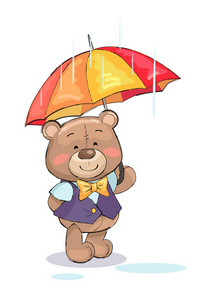 可爱的泰迪熊站在伞下阴雨天气下