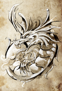 中世纪的怪物纹身艺术 中世纪龙 复古风格的素描照片