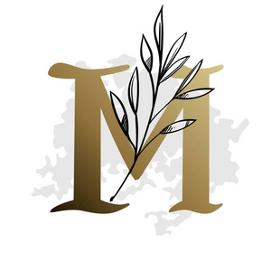 字母 m 与装饰植物元素为问候卡片和邀请绿叶标志图标矢量设计.