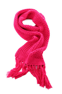 孤立在白色粉红色针织的围巾