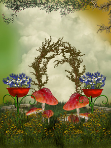 废墟与梦幻花园梦幻花园梦幻般的女孩,在一个童话花园热带花园.