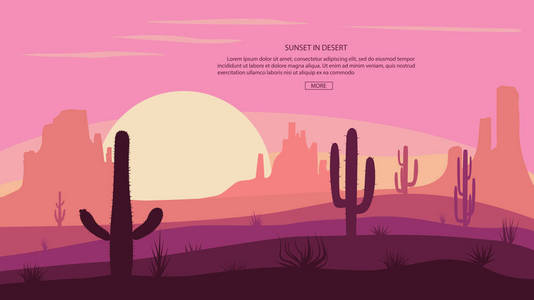 沙漠景观 Cactuse 山, 日落在大炮, 背景场面与石头和沙子。向量