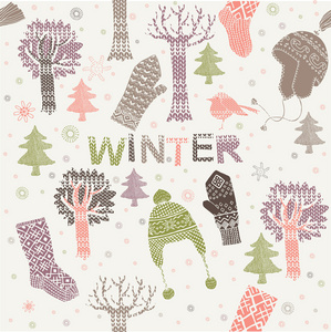冬季无缝模式与帽子 手套和袜子
