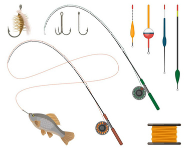 捕鱼制造商和供应商图标设置。卷筒和渔竿