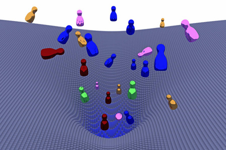 3d 自由下落, 光滑的图 转动的身体 的例证在漏斗形状的风景由数以百计的长方体与正方形基地组成