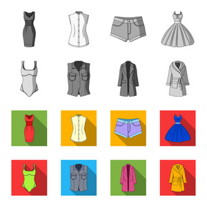 女式服装单色, 平面图标集合为设计。服装品种及配件矢量符号股票 web 插图