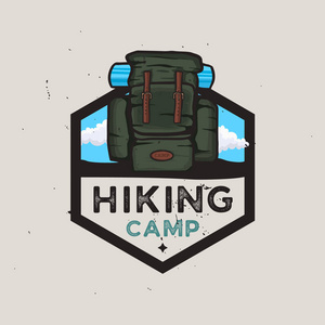 徒步营标识概念与旅行背包, 户外冒险