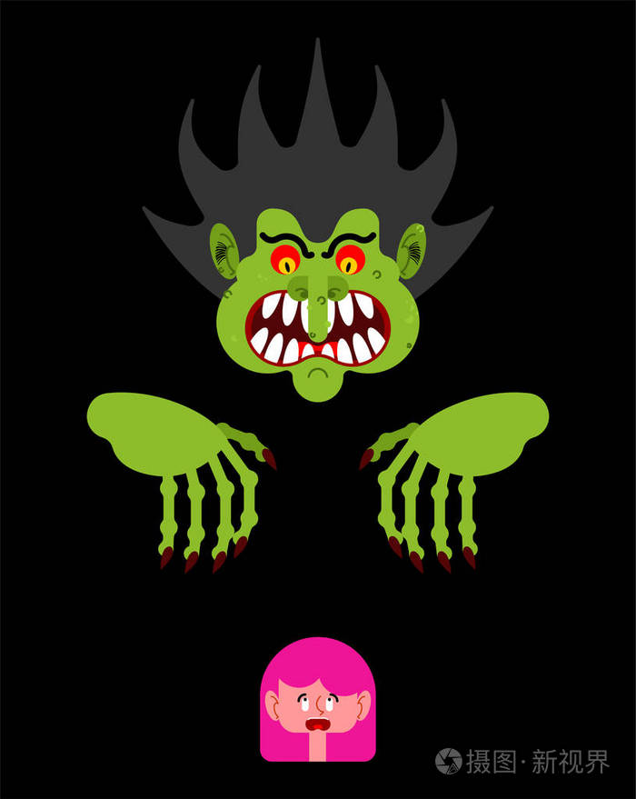 吓人的人吓唬小女孩长爪的噩梦怪兽矢量插图