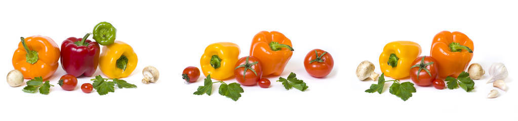 白色背景西红柿的红黄色和橙色辣椒全景图