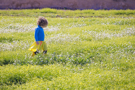 在阳光明媚的日子里, 穿着黄色短裙和蓝色运动衫的小漂亮女孩在绿色田野上奔跑