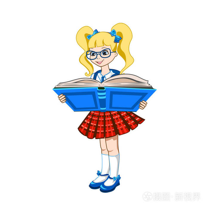 一个小女生正在读一本书.白色背景上的矢量插图