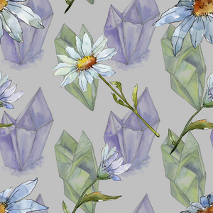 野花雏菊。花卉植物花。无缝的背景图案。织物墙纸打印纹理。背景质地包装图案框架或边框的水彩画野花