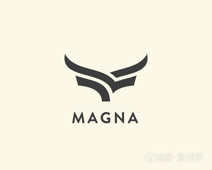 摘要牛牛排高级标志设计.创意公牛角线图标符号.豪华翅鸟标识