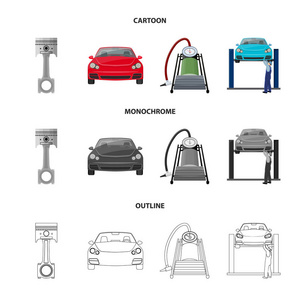 汽车上电梯, 活塞和泵卡通, 轮廓, 单色图标在集合中进行设计。汽车维修站矢量符号股票插画网
