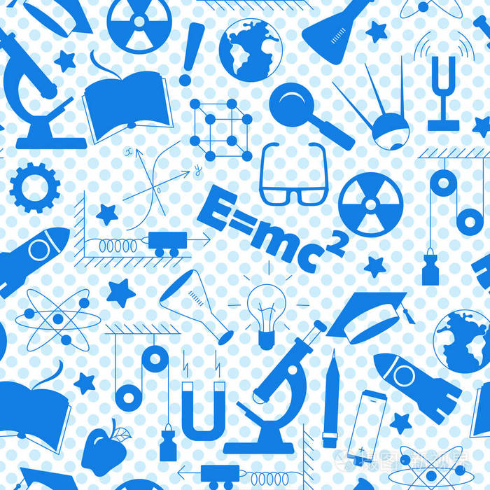 物理教育主题的无缝模式, 简单的圆点背景上的图标蓝色剪影