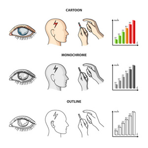 视力差, 头痛, 葡萄糖测试, 胰岛素依赖性。糖尿病集合图标在卡通, 轮廓, 单色风格矢量符号股票插画网站