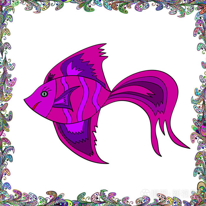 装饰无缝图案与热带鱼风格的刺绣纹理。织物上印刷的矢量图案。白色洋红和紫色