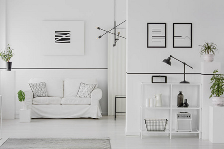 黑白客厅内饰, 舒适的沙发, 图案的枕头, 简单的海报和绿色的植物