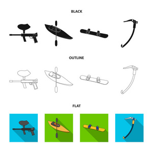 彩弹标记, 皮划艇与桨, 滑雪板和攀登冰斧。极限运动集合图标黑色, 平面, 轮廓样式矢量符号股票插画网站