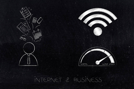 互联网和商业潜力概念 ilustration wifi 和车速表图标旁边的商人与办公室的对象在他头顶上空飞行