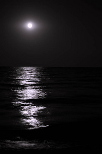 月光在海浪上。夜晚的月亮。长期暴露。黑白色调