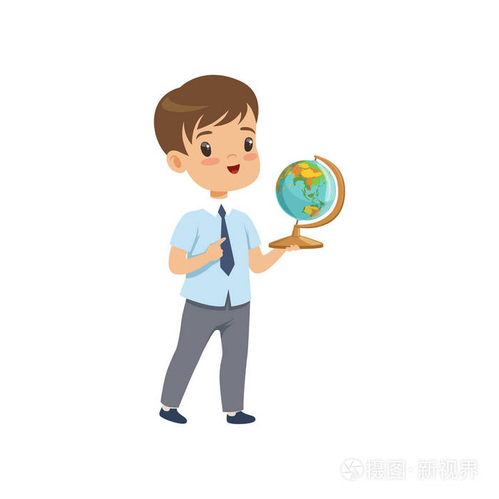 插画 可爱的男孩站在地球上的地理课上, 小学生在学校校服学习在学校