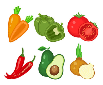 一套不同的蔬菜。胡萝卜, 甜椒, 西红柿, 辣椒