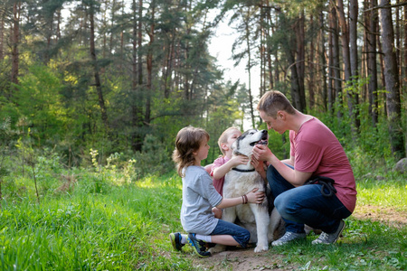 父亲带着两个小儿子在夏天的森林里遛狗, 玩得很开心。