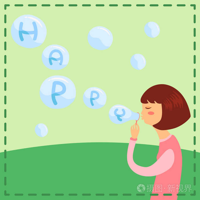 玩肥皂泡的女人可爱的女孩吹肥皂气泡隔离在绿色领域背景
