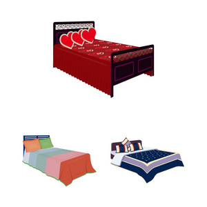 不同的床卡通图标集合中的设计。用于睡眠矢量等距符号的家具 web 插图