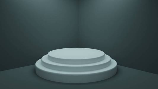 在黑暗的工作室渲染一个白色点亮的圆形三台阶基座。产品和对象的展示展示平台
