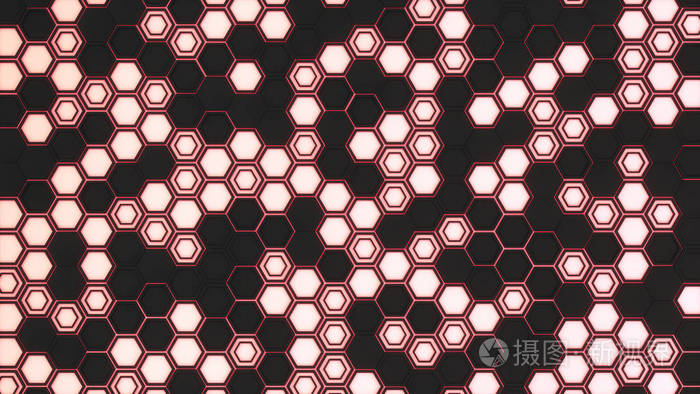 抽象的3d 背景黑色六边形在红色发光的背景。六边形墙。蜂窝图案。3d 渲染插图