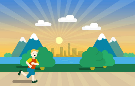 在城市公园跑步.男子赛跑者在公园外慢跑.矢量平图照片