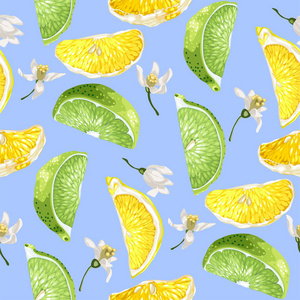 与柠檬和椴树水果和花朵的柑橘片无缝夏季图案鲜艳颜色的逼真矢量插图