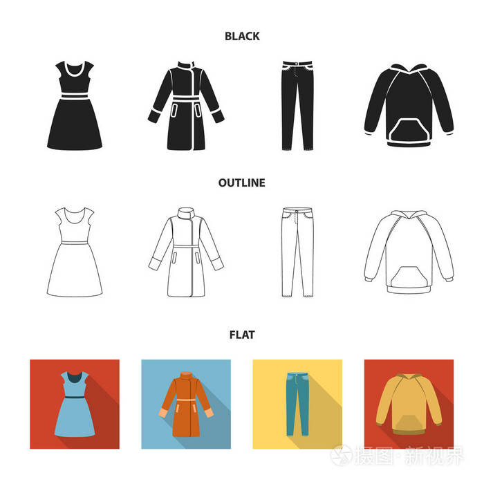 服装套装集合图标黑色, 平面, 轮廓样式矢量符号股票插画网站